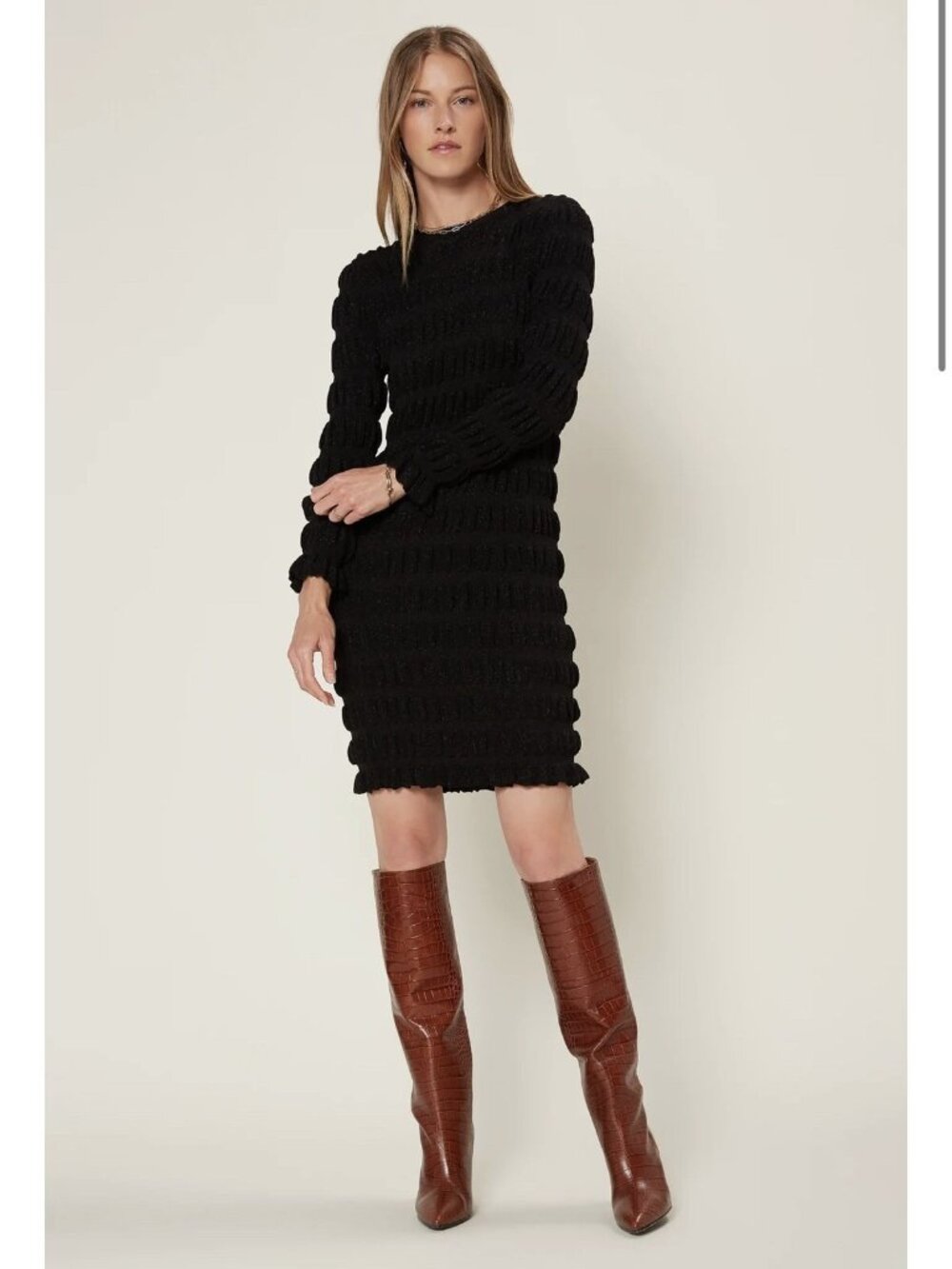 Anthropologie Current Air Metallic Puff Sleeve Midi Dress Size Small Black